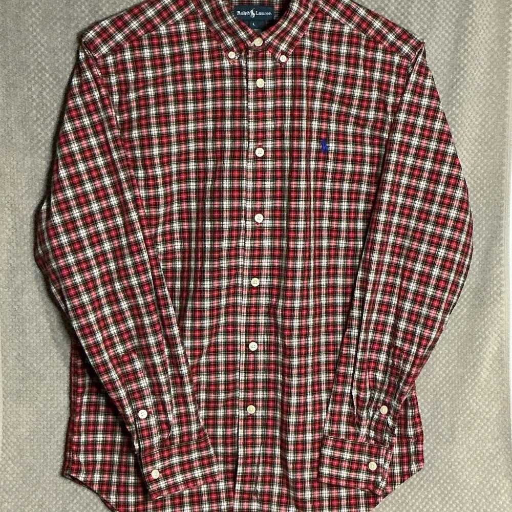 Ralph Lauren Custom Fit Plaid‎ Oxford Shirt Men's L Red Green Tartan Button Down
